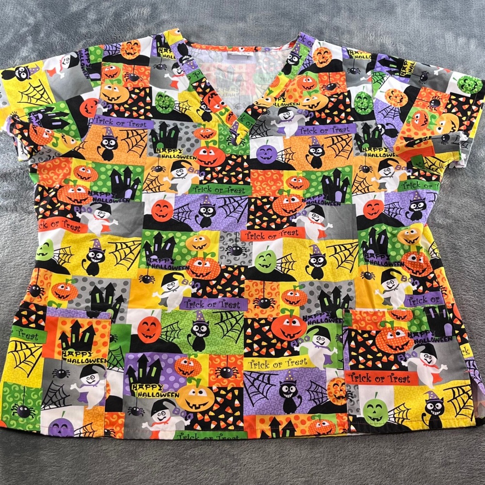 Life Halloween Scrub Top V-Neck Ghosts Pumpkins Black Cats Plus Size XL 2XL